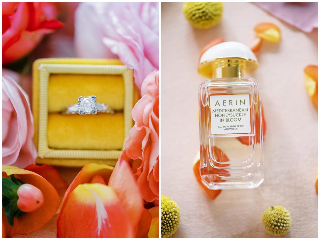 Yellow ring box with ring and warm sunset tones for wedding detail photos. 