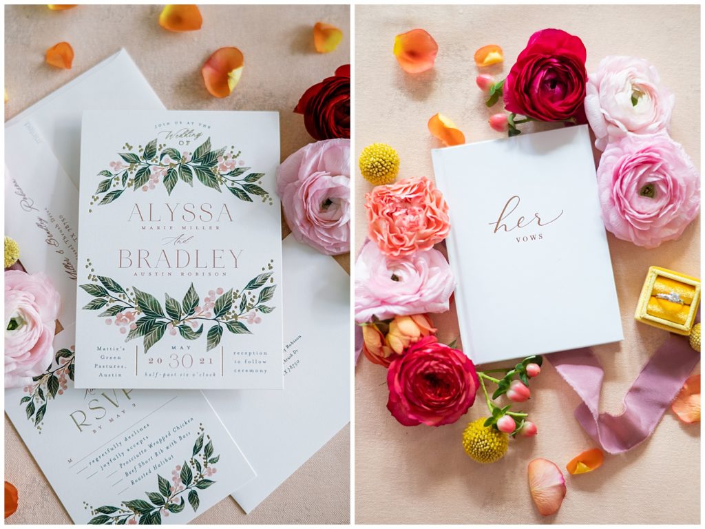 Peach Tone Invitations and Details. Vow Books with summer florals.